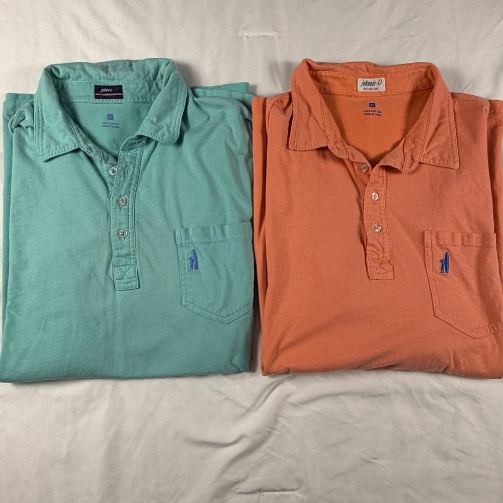 Lot 2 Johnnie-O XL Orange Teal West Coast Prep Cotton Short Sleeve Pocket Polo